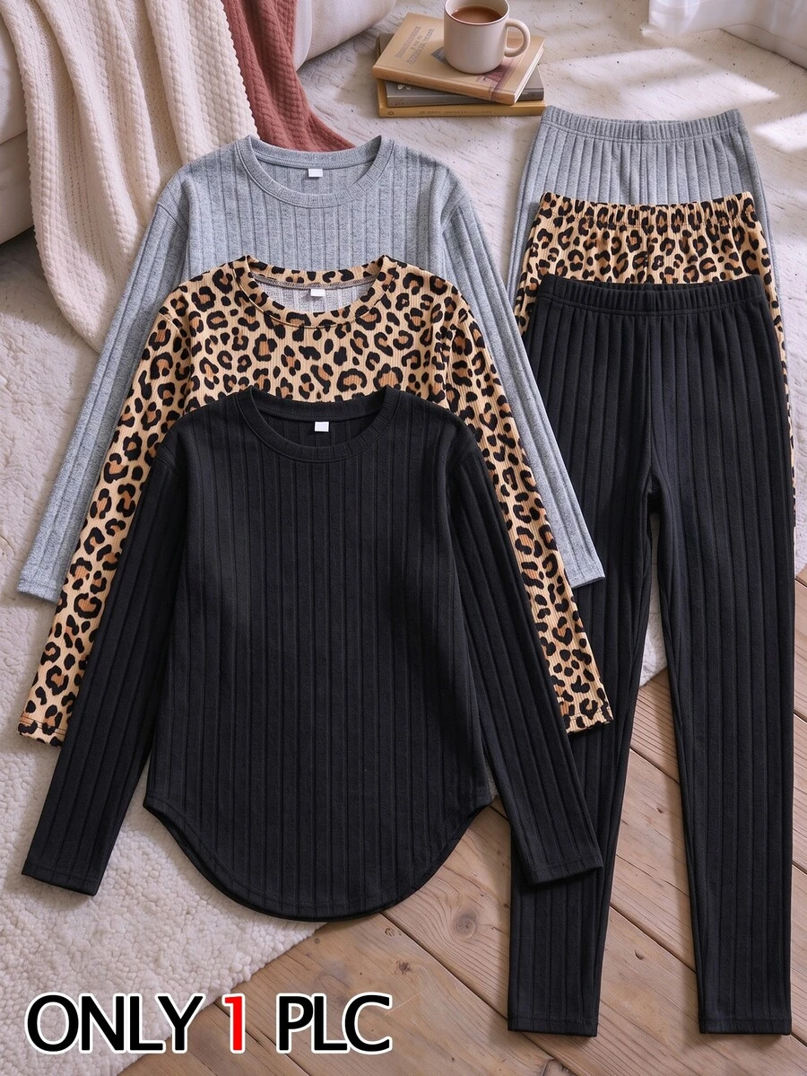 SHEIN Teen Girls Rib-Knit Long Sleeve T-Shirt & Straight Leg Pants 2 Pieces Set Solid Color Casual Loose Comfy Outfits For Autumn Winter - Brown - View 1