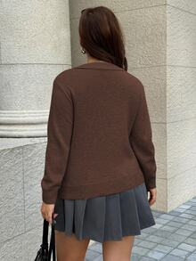 Linhara 大尺碼 Polo 領撞色菱格紋慵懶通勤長袖針織毛衣 冬季 - 棕色 - 查看 2