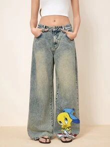 LOONEY TUNES X SHEIN Women's Casual Daily Travel Denim Jeans With Pockets And Buttons - Blue - View 3