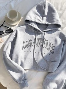 Comfortcana Letter Graphic Drop Shoulder Crop Drawstring Hoodie,Long Sleeve Tops In Fall/Winter - Light Grey - View 4