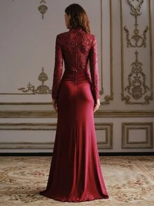 Anewsta Women's Long Burgundy Sequin Lace High Neck Slit Mermaid Fitted Ruched Evening Dress For Autumn/Winter, Wedding, Toast, Date, Party - Burgundy - View 7