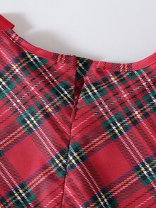 Tween Girl Round Neck Sleeveless Bow Plaid Pleated Dress - Red - View 7