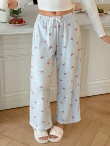 SweetSlumber Sweet INS Bow Striped Plush Women's Pajama Bottoms - Blue - View 1