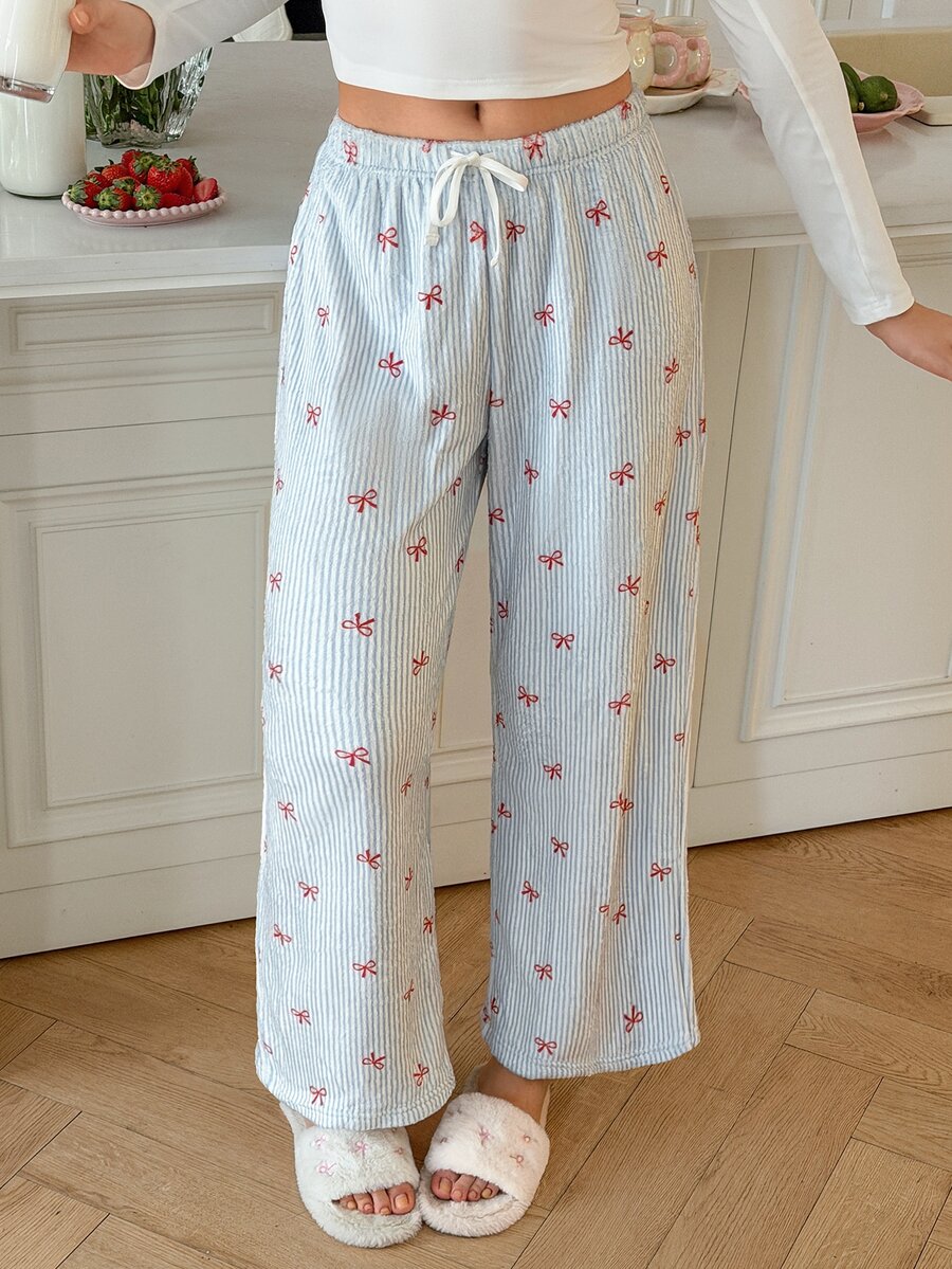 SweetSlumber Sweet INS Bow Striped Plush Women's Pajama Bottoms - Blue - View 1