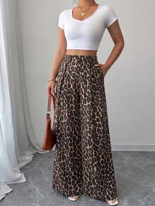 SHEIN PETITE Women's Leopard Print Casual Versatile Everyday Travel Pants - Multicolor - View 5