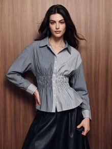 Anewsta Fashionable Women's Elegant New Commuter Casual Patchwork Striped Pleated Button-Down Shirt - Blue - View 2