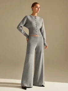 CLARA VERO Button Front Flare Knit Pants Set, Slim Fit, Daily Or Casual, Open Crew Neck, Mild Bell Bottom - Cream - View 3