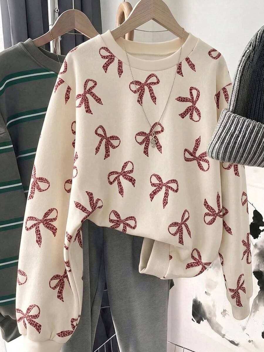 SHEIN LUNE 女款休閒寬鬆蝴蝶結運動衫，秋冬女裝 - 彩色 - 查看 1
