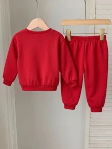 SHEIN 男嬰春夏休閒運動衫套裝，純色印字款 - 紅色 - 查看 2