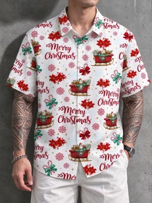 Manfinity Homme Men's Plus Size Christmas Snowflake & Bow Print Single-Breasted Short Sleeve Shirt - Multicolor - View 4
