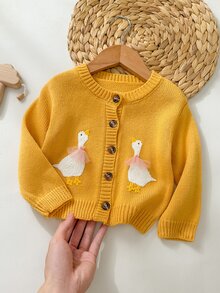 SHEIN كارديجان بناتي بنمط كرتوني أحادي الصدر كاجوال للخروجات اليومية في الخريف والشتاء - خردل الأصفر - مشاهدة 4