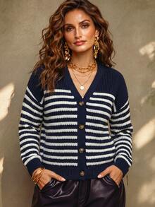 Linhara CURVE Plus Size Women's Black Cardigan,Striped V-Neck Single-Breasted Long Sleeve Knitted Sweater,Fall Winter Everyday Casual Versatile Commuter Fall Cloth - Multicolor - View 4