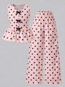 SHEIN Tween Girls 2pcs/Set Bow Button Polka Dot Print Tank Top & Long Pants S Set, Summer, Cute, Casual, Outfit, Holiday Outfits - Pink - View 5