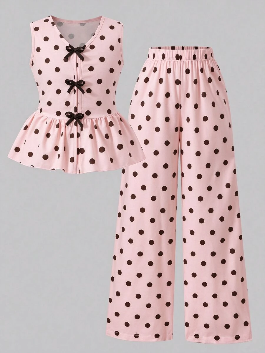 SHEIN Tween Girls 2pcs/Set Bow Button Polka Dot Print Tank Top & Long Pants S Set, Summer, Cute, Casual, Outfit, Holiday Outfits - Pink - View 1