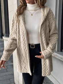 SHEIN Clasi 大尺碼女款純色長袖連帽開襟外套，秋冬款 - 駝色 - 查看 7