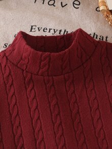 SHEIN 女童 2 件套，秋冬粗針編織長袖上衣 + 喇叭褲套裝，毛茸茸拼接袖口設計，純色半高領不對稱下擺 T 恤，柔美女孩休閒套裝，適合日常穿著 - 紅色 - 查看 4