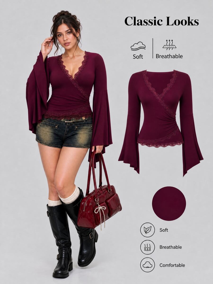 Sweetra CURVE Plus Size Burgundy Asymmetrical Long Sleeve Wrap Lace Trim Sexy T-Shirt, Autumn/Winter - Burgundy - View 1