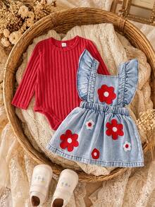 SHEIN Baby Girl Denim Overall Dress And Long Sleeve Red Knit Pullover Jumpsuit 2pcs Set, Little Red Flower Pattern With Ruffle Flutter Sleeves, Versatile Outfit For Autumn Winter Holiday Party Gathering Photo Shoot And Outings - Red - View 4