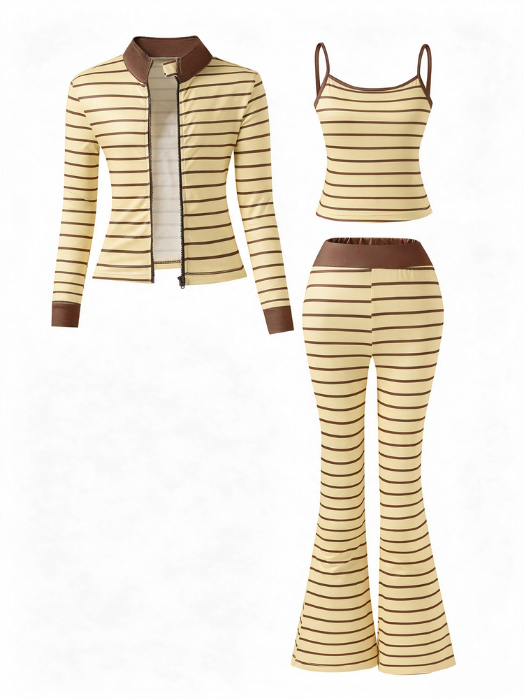 SHEIN Yellow & Brown Striped 3 Pieces Set: Stand Collar Jacket + Camisole + Flared Pants, Slim Fit Without Tightness, Perfect For School, Sports - Yellow - View 3