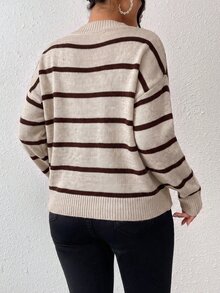 SHEIN Frenchy V領條紋落肩針織毛衣，秋冬休閒聖誕風 - 杏色 - 查看 2