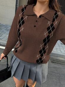Linhara 大尺碼 Polo 領撞色菱格紋慵懶通勤長袖針織毛衣 冬季 - 棕色 - 查看 4