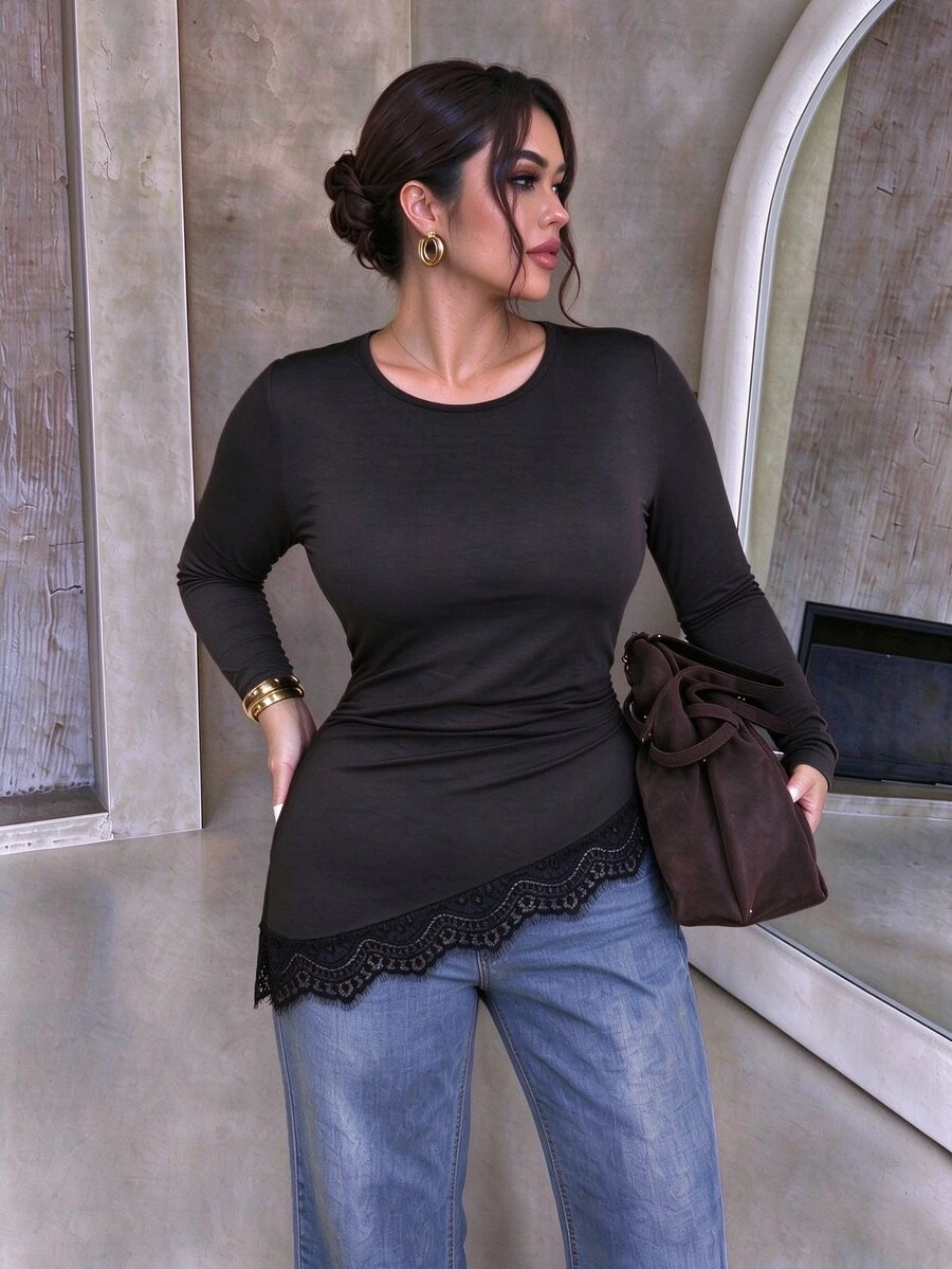 Modelyn Plus Size Women's Spring/Autumn Pure Black Cinched Waist Lace Patchwork Asymmetrical Hem Pullover Round Neck Long Sleeve Top, Suitable For Shopping, Commuting And Daily Occasions - Black - View 1