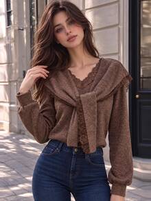 Cévolie Women's Solid Color V-Neck Lace Patchwork Shawl Design Loose Long Sleeve Sweatshirt - Brown - View 3