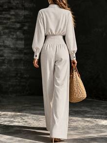 SHEIN Orluneo Jumpsuit nữ kẻ sọc cổ bẻ cài nút tay dài ống rộng - Xám - Xem 2