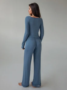 DAZY Women's Tie-Front Long Sleeve Top And Lace Long Pants Pajama Set - Blue - View 2