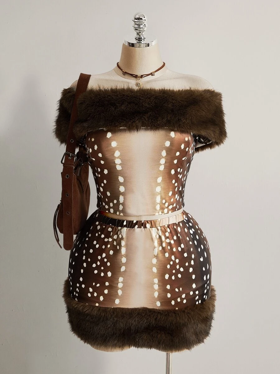 SHEIN ICON Plus Size Women's Faux Fur Collar Shoulder Top And Deer Print Mini Skirt Set - Brown - View 1