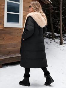 Easura Plus Size Winter Faux Fur Patchwork Hooded Padded Coat With Pockets - Black - View 2