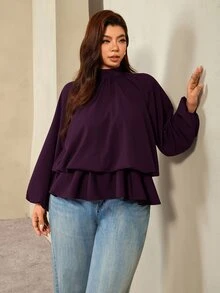 Auralis Coffee Brown Raglan Long Sleeve Plus Size Loose Waist Elastic Ruffle Hem Pullover Blouse Casual Top Elegant Office Formal Business Work Women Autumn - Purple - View 7