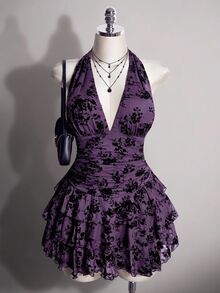 SHEIN ICON 女款大尺碼復古性感休閒千禧風Y2K優雅哥德約會深V領掛脖黑色網紗植絨蛋糕裙冬季 - 紫色 - 查看 1