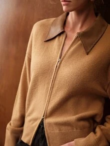 MOTF PREMIUM Áo cardigan len dệt kim tay dài kéo khóa phong cách streetwear nữ - Màu Khaki - Xem 2