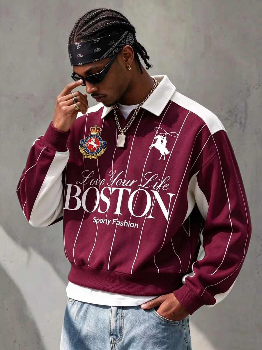 Manfinity EMRG Men's Knight Graphic & Letter Print Button Half-Zip Sweatshirt - Multicolor - View 1