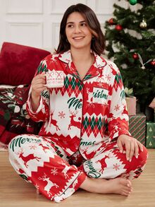 Doze Lane Christmas Red & White Reindeer Print Plus Size Women Long Sleeve Long Pants Ruffle Collar Casual Pajama Set - Red and White - View 5