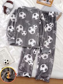 Boys' Dark Gray All-Over Football Cartoon Print Double-Sided Flannel Fabric Skin-Friendly Warm Crew Neck Long Sleeve Loose Fit 2 Pieces Pajama Set Loungewear - Grey - View 2