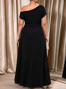 Cravure Plus Size Lace Off Shoulder Slit Maxi Dress, Elegant Ruched Waist Party Gown, Curvy Fit - Black - View 2