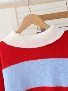 SHEIN 1件女童毛衣，復古白色 Polo 領配黑色鈕扣設計半開襟，經典對比色條紋拼接落肩長袖套頭衫 - 彩色 - 查看 7