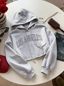 Comfortcana Letter Graphic Drop Shoulder Crop Drawstring Hoodie,Long Sleeve Tops In Fall/Winter - Light Grey - View 3