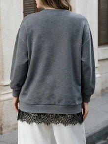 Seusyu Damers ny långärmad sweatshirttopp i plus size med spetspatchwork, lös passform, bekväm och mångsidig för vardagsbruk, höst/vinter - Grå - Visa 2