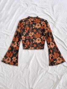 Soleia 大尺碼新款葉子印花喇叭袖修身上衣，波希米亞風，度假、秋季、復古、假日、夏季、春季、海灘、外出、畢業、度假 - 橘色 - 查看 7