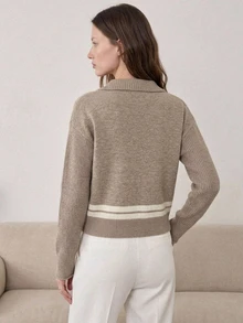 Dazy-Less Women's Autumn/Winter Coffee Brown Round Neck Button Cable Knit Long Sleeve Slim Fit Ribbed Cardigan - Coffee Brown - View 2