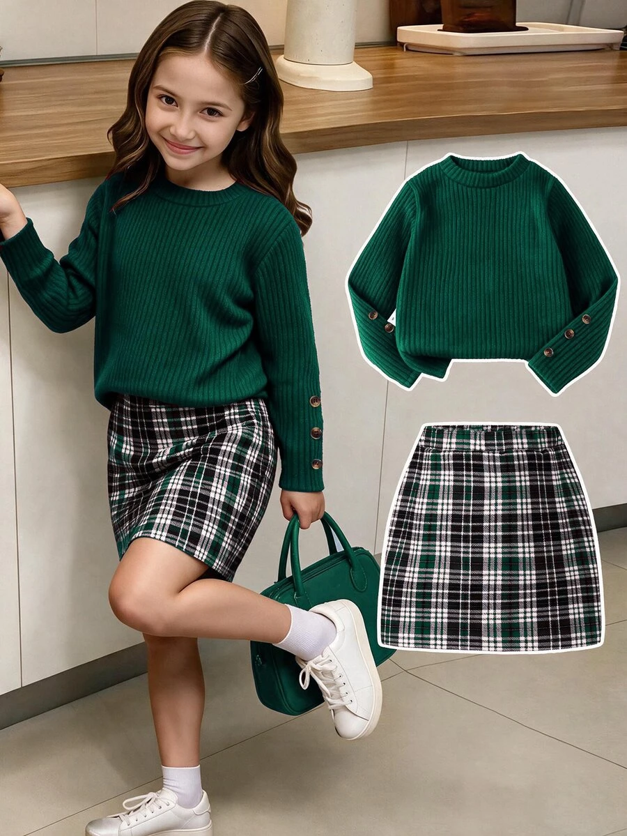 SHEIN 少女美式學院風服飾套裝,紋理長袖T恤上衣搭配同色系鈕扣裙 2件套套裝 - 墨綠色 - 查看 1