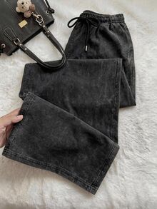 Comfortcana Plus Size Vintage Cargo Style Style Loose Washed Drawstring Black Casual Sports Pants, Suitable For All Seasons, Perfect For Birthday Parties, Vacations And Autumn Outfits - Black - View 8