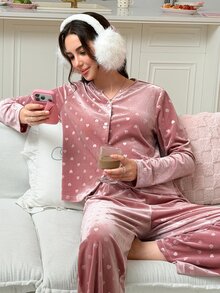 SweetSlumber Women's Glossy Heart Embossed Velvet INS Sweet Pajama Set - Dusty Pink - View 5