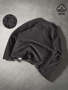 PAVTROS 男士街頭風秋冬刺繡水洗長袖T恤，休閒街頭風，個性化，街舞、滑板、饒舌，寬鬆版型，節日禮物，中性款，情侶穿搭，T恤 - 黑色 - 查看 3