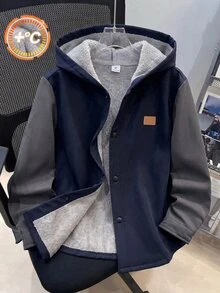 SHEIN 兒童小男孩休閒日常百搭舒適複合抓絨內裡連帽前開襟長袖中磅梭織外套，適合學校、花園、海灘、生日，春秋夏冬四季穿著 - 彩色 - 查看 3
