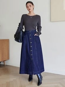 Dazy-Less Women's Casual Daily Denim Skirt With Pockets - Dark Wash - View 3