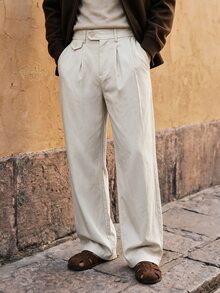 HIMLAND Men's Woven Fitted Casual Long Mid-Waist Straight Leg Suit Pants, Suitable For Spring And Summer - White - View 4